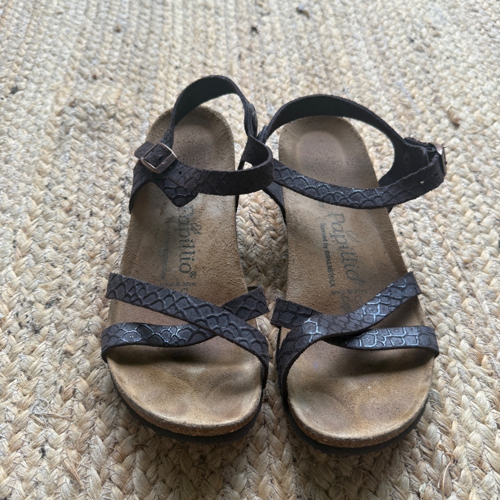 Papillio by Birkenstock Snakeskin Embossed Cork Wedge Sandals Brown Metallic 38